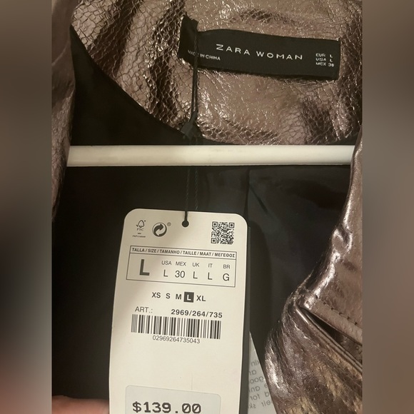 New. Tags on. ZARA leather metallic moto jacket. Size L - Picture 2 of 4